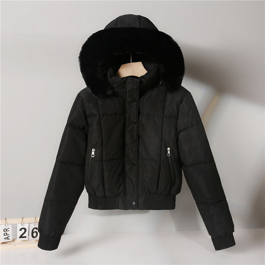 Damen nan kurzer isolierender Kapuzenblouson mit voluminöser Pelzkragenblende und elastischem Rippsaum EB