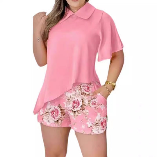 Damen Bluse mit schwingendem Schnitt und Blumenmuster Shorts EB