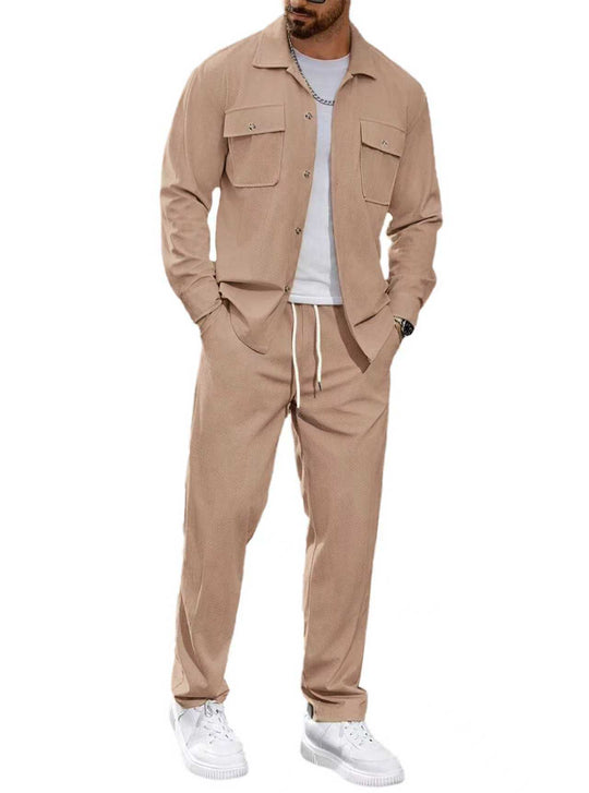 Herren nan lässiger Zweiteiler Hemdjacke mit aufgesetzten Brusttaschen und Kordelzughose EB