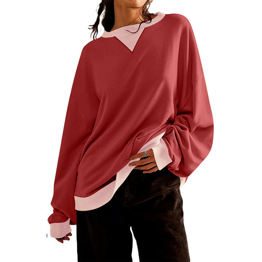 Damen lässiges Sweatshirt mit V-Ausschnitt und Kontrastbündchen EB