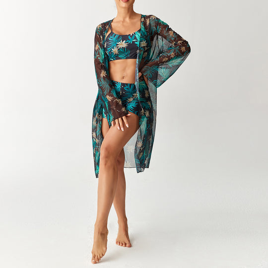 Damen Bikini-Set mit elegantem Crop-Top und durchscheinendem Strandkimono EB