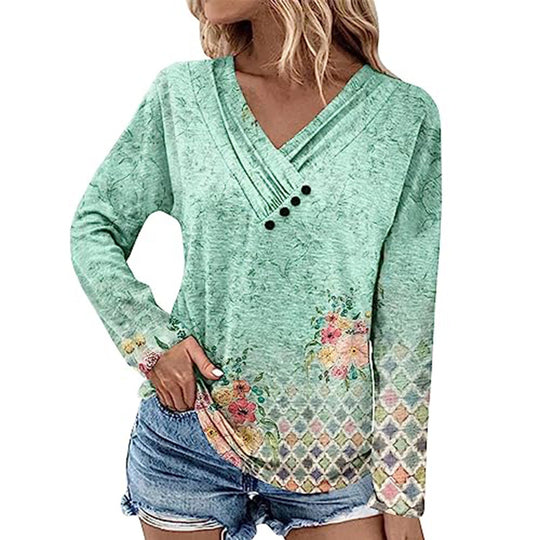 Damen Gerippter V-Ausschnitt Pullover mit Farbverlauf, Zierknöpfen und legerer Passform EB