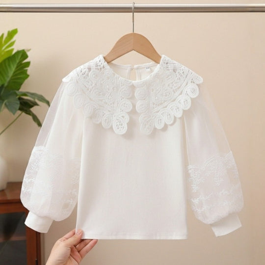 Damen elegante Bluse mit kunstvollen Häkel-Details EB