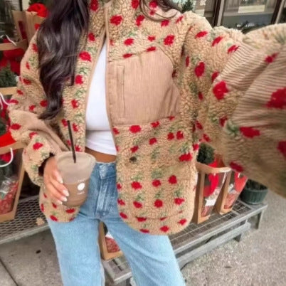 Damen nan Teddy-Fleece Jacke mit floralem Muster, Feincord-Einsätzen, Stehkragen und Reißverschluss EB