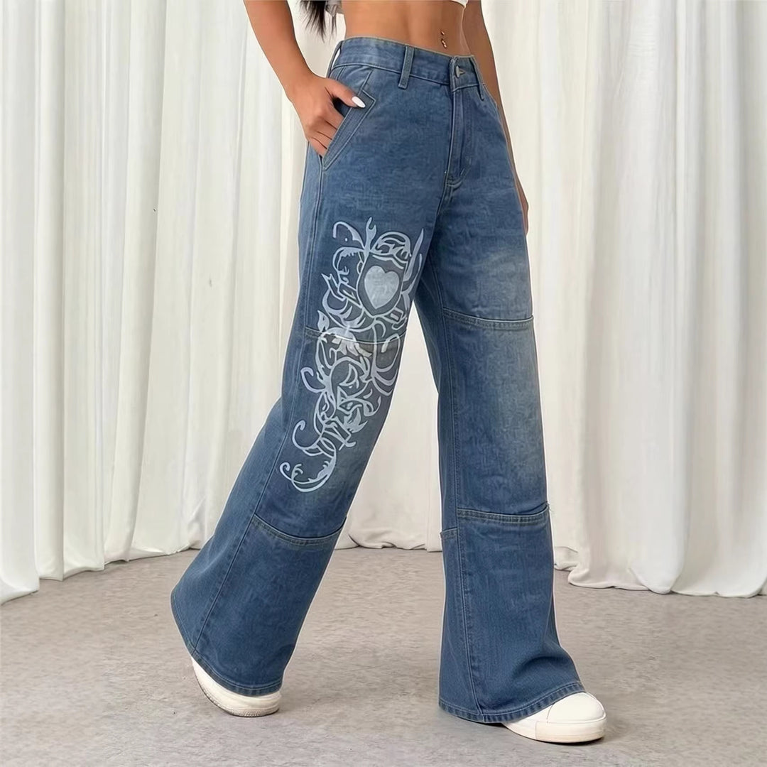 Damen weite Jeans mit kunstvollem Aufdruck EB