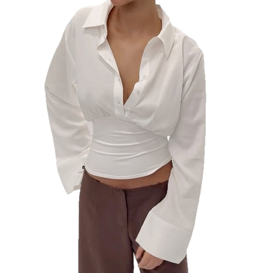 Damen nan taillierte Cropped-Bluse mit Hemdkragen und breitem Stretchbund EB