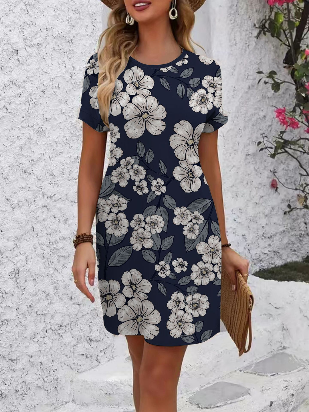Damen Kurzarmkleid mit verspieltem Flamingo-Design und lockerem Schnitt EB