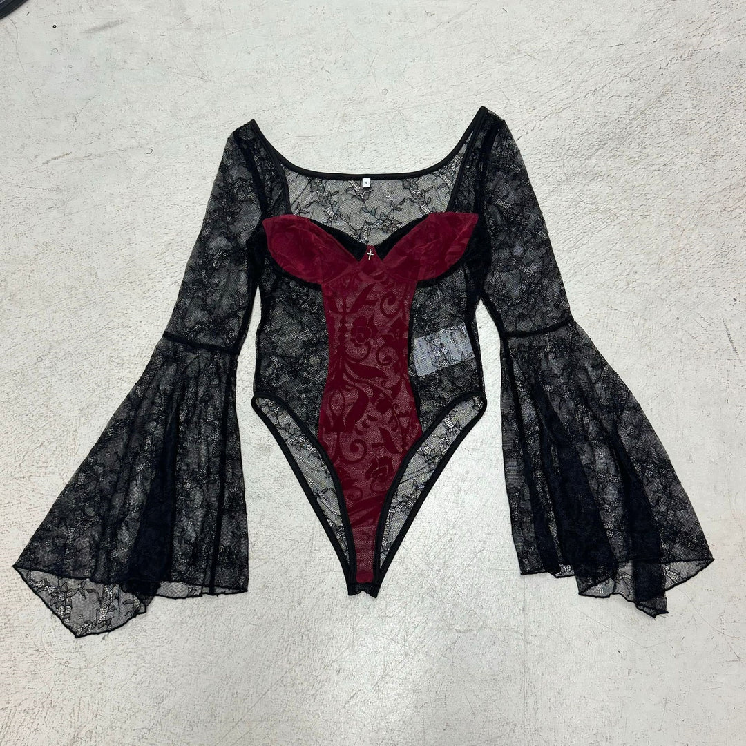 Damen Spitzen-Bodysuit mit voluminösen Ärmeln und eleganten Verzierungen EB