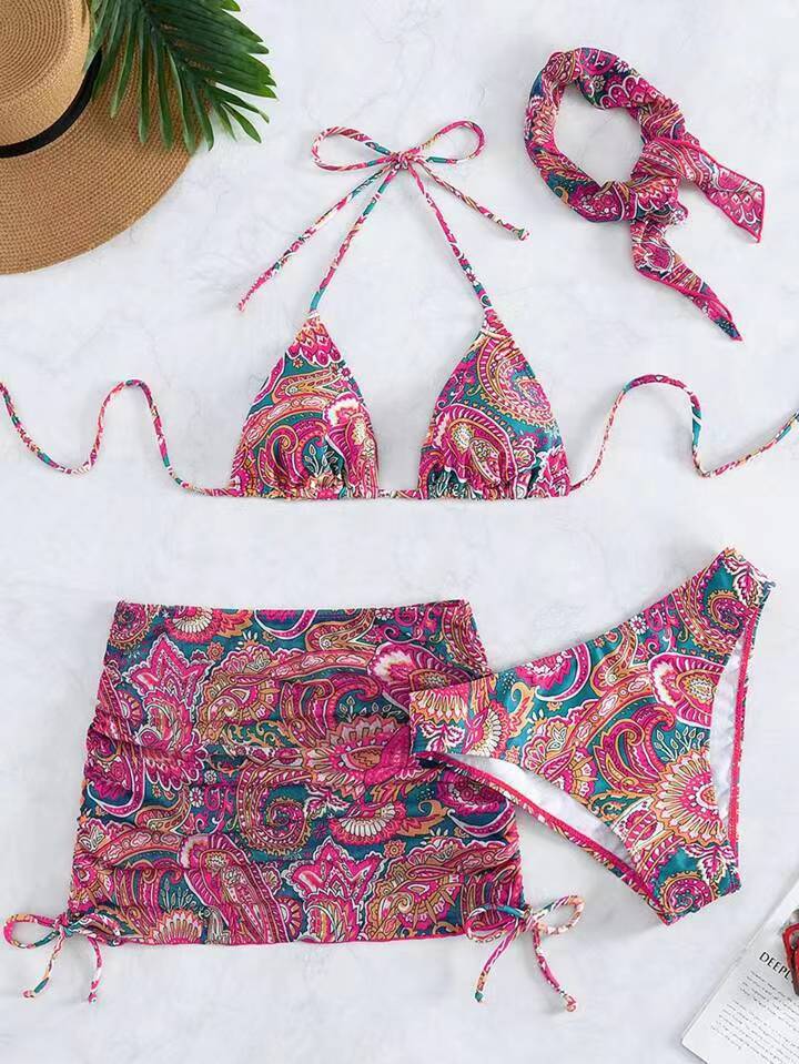 Damen Triangel-Bikini-Set mit elegantem Wickelrock und passendem Haarband EB