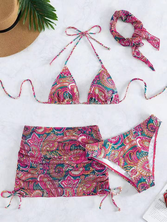 Damen Triangel-Bikini-Set mit elegantem Wickelrock und passendem Haarband EB