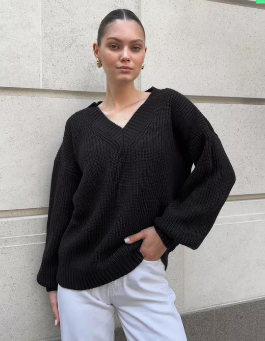 Damen lässiger Pullover mit V-Ausschnitt und voluminösen Ärmeln EB