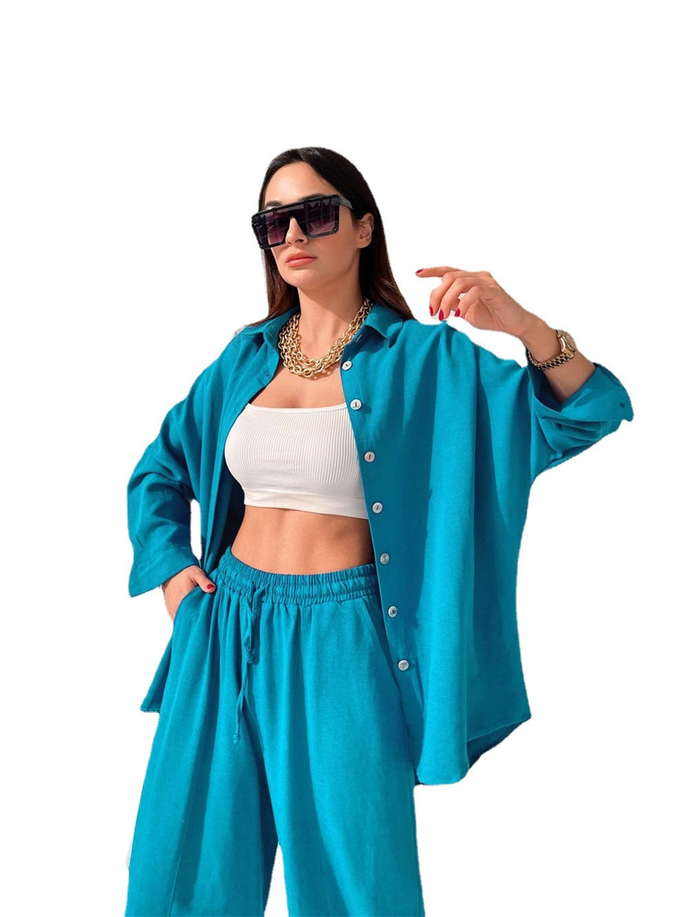 Damen lässiges Freizeit-Set mit übergroßem Hemd und weiten Hosen EB