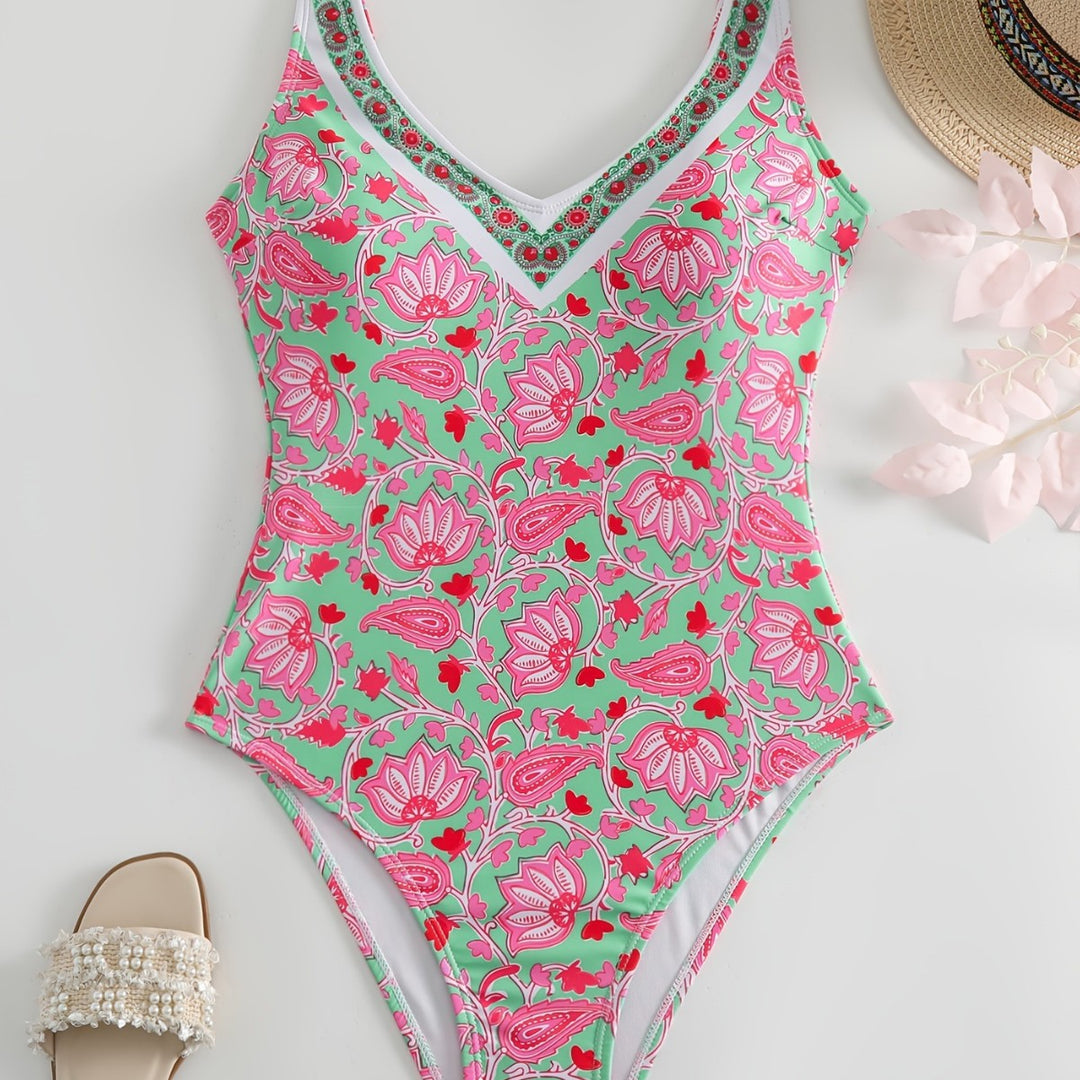Damen Einteiliger Badeanzug mit floralem Design und modischen Trägern EB
