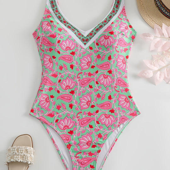 Damen Einteiliger Badeanzug mit floralem Design und modischen Trägern EB