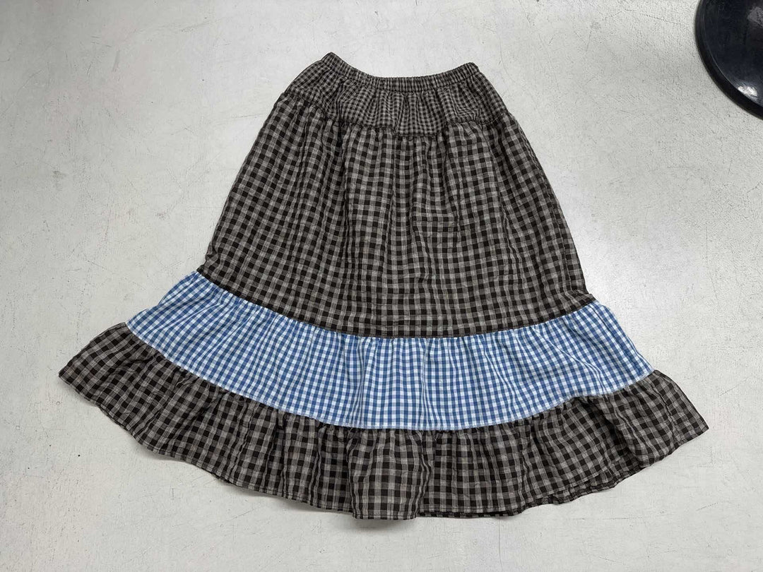 Damen nan mehrlagiger Baumwoll-Stufenrock mit elastischem Taillenbund, kontrastierendem Gingham-Band und Volant EB