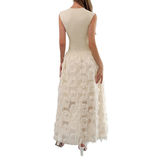 Damen Maxi-Faltenkleid mit Fransen EB