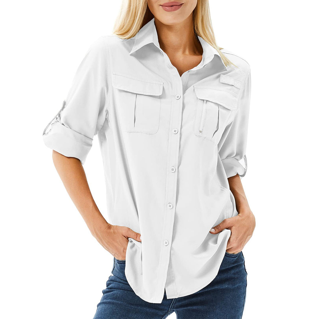 Damen lässige Bluse mit praktischen Taschen und umschlagbaren Ärmeln EB