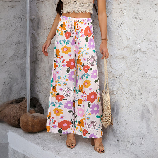 Damen nan weite Palazzo-Hose mit Kordelbund, Eingrifftaschen und mediterranem Kachelprint EB