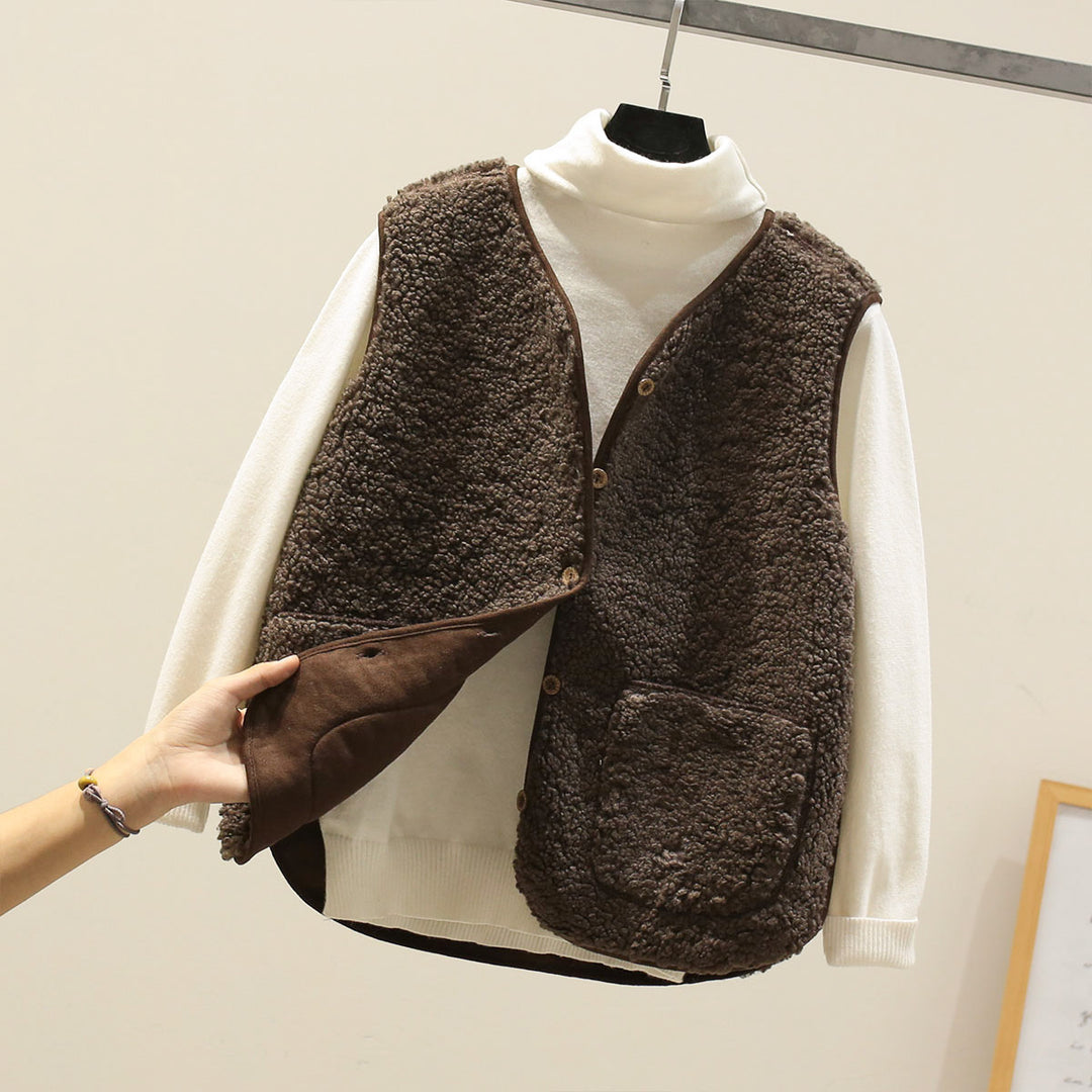 Damen Ärmellose Teddyweste mit Knopfleiste und aufgesetzten Taschen EB