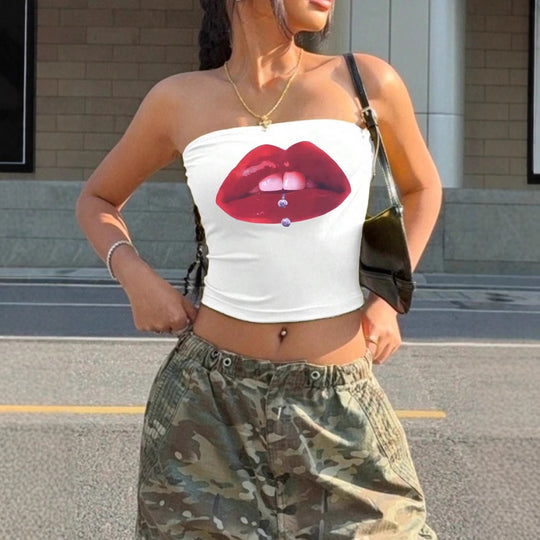 Damen Bandeau-Top mit auffälligem Lippenmotiv und figurbetontem Schnitt EB