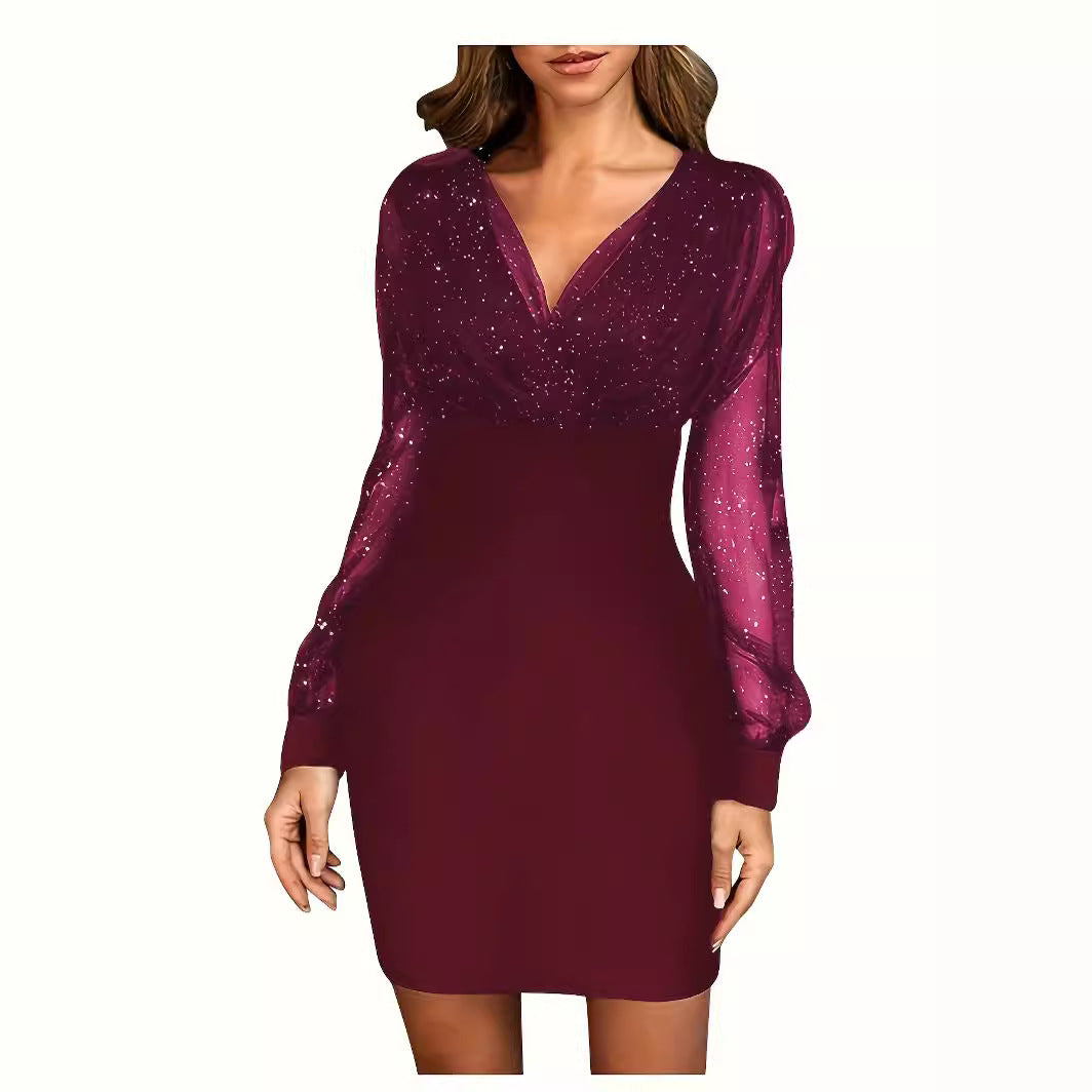 Damen Glitzerndes Cocktailkleid mit transparenten Ärmeln EB