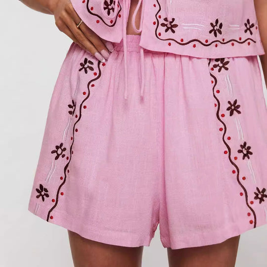 Damen luftiges Zweiteiler-Set mit floraler Stickerei EB