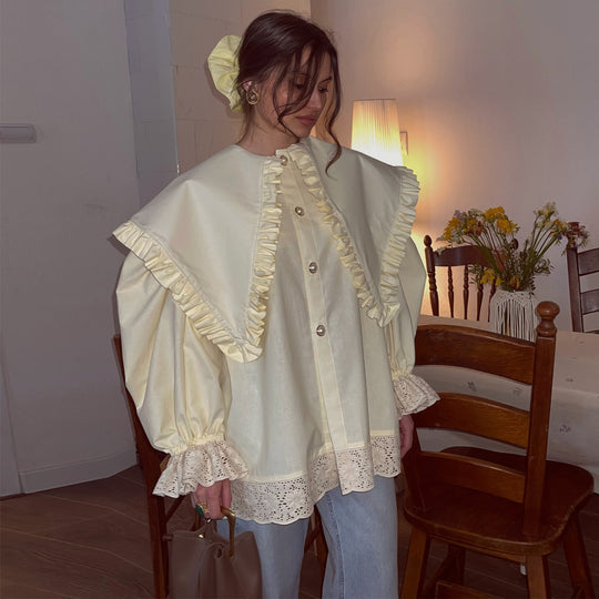 Damen Oversize Bluse mit Rüschendetails und Spitzenbesatz EB