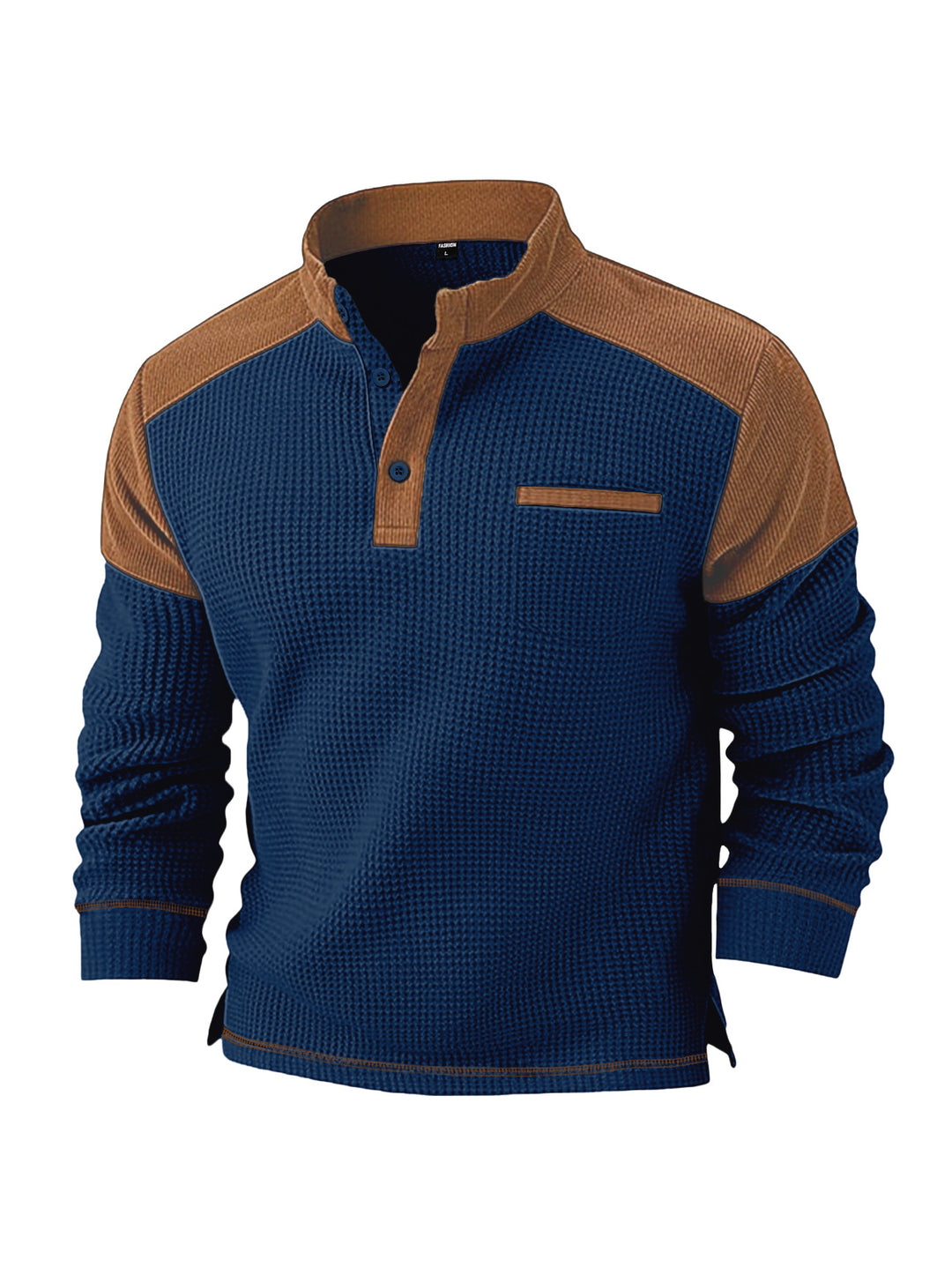 Herren nan Waffelstrick-Henley mit Stehkragen, Cord-Schulterpasse und Brustpaspel EB