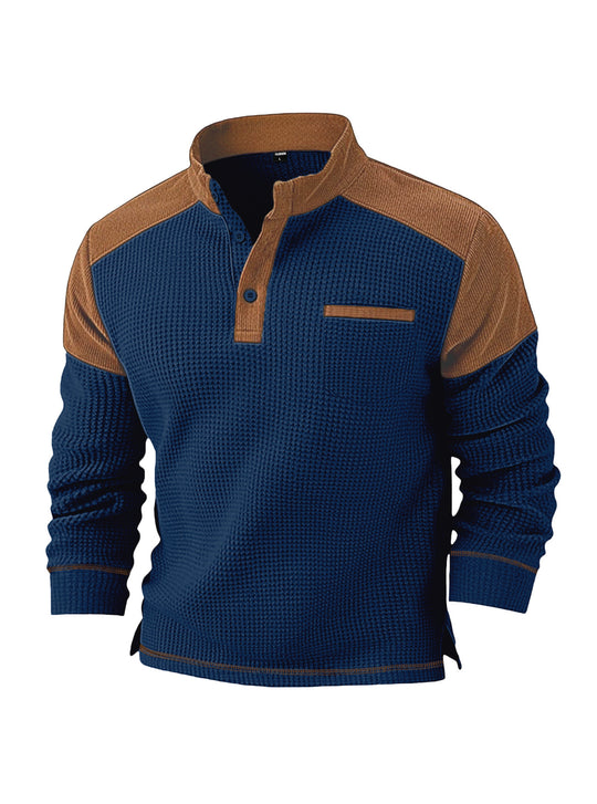Herren nan Waffelstrick-Henley mit Stehkragen, Cord-Schulterpasse und Brustpaspel EB