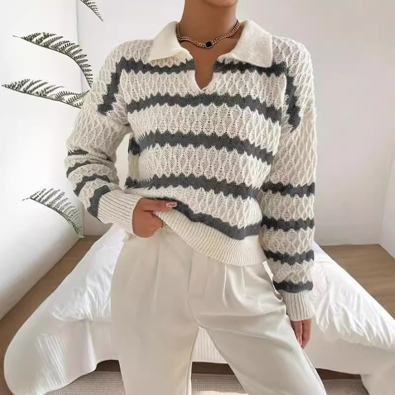 Damen Strickpullover im lässigen Stil mit strukturiertem V-Ausschnitt und hellen Akzenten EB