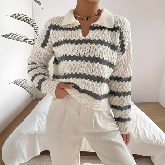 Damen Strickpullover im lässigen Stil mit strukturiertem V-Ausschnitt und hellen Akzenten EB
