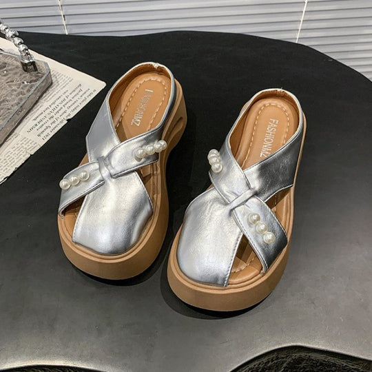 Damen Modische Plateau-Sandalen mit Perlenschmuck EB