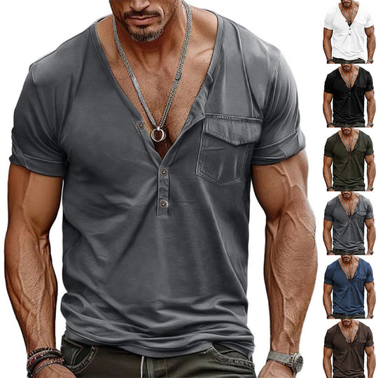 Herren Kurzarm-Henley-T-Shirt mit dekorativer Brusttasche und modernem Schnitt EB