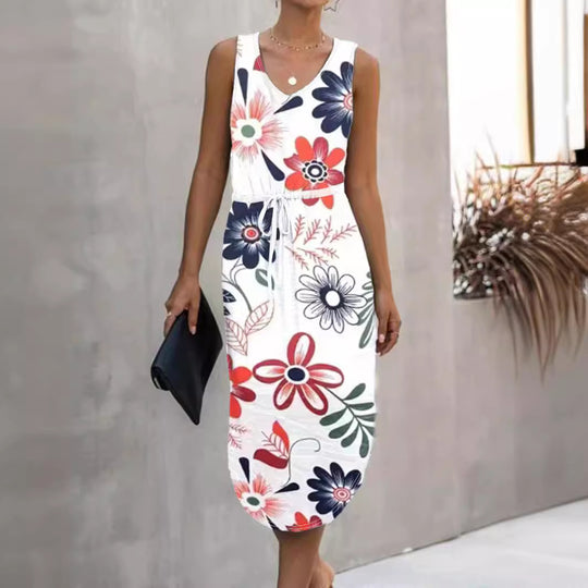Damen Sommerliches Maxikleid mit floralem Muster und praktischen Taillenschnürung EB
