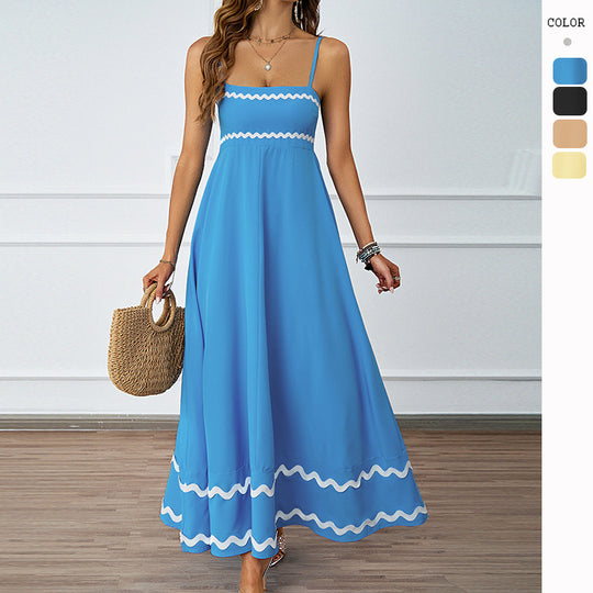 Damen Lange Maxi-Kleid mit Spaghetti-Trägern und dekorativem Saum EB