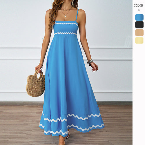 Damen Lange Maxi-Kleid mit Spaghetti-Trägern und dekorativem Saum EB
