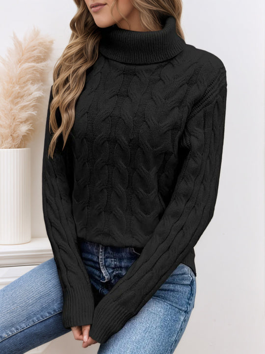 Damen Strickpullover mit hohem Kragen und Zopfmuster EB