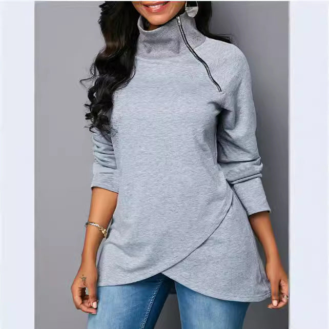 Damen Rundhals Shirt mit hoher Kragen und Reißverschluss EB