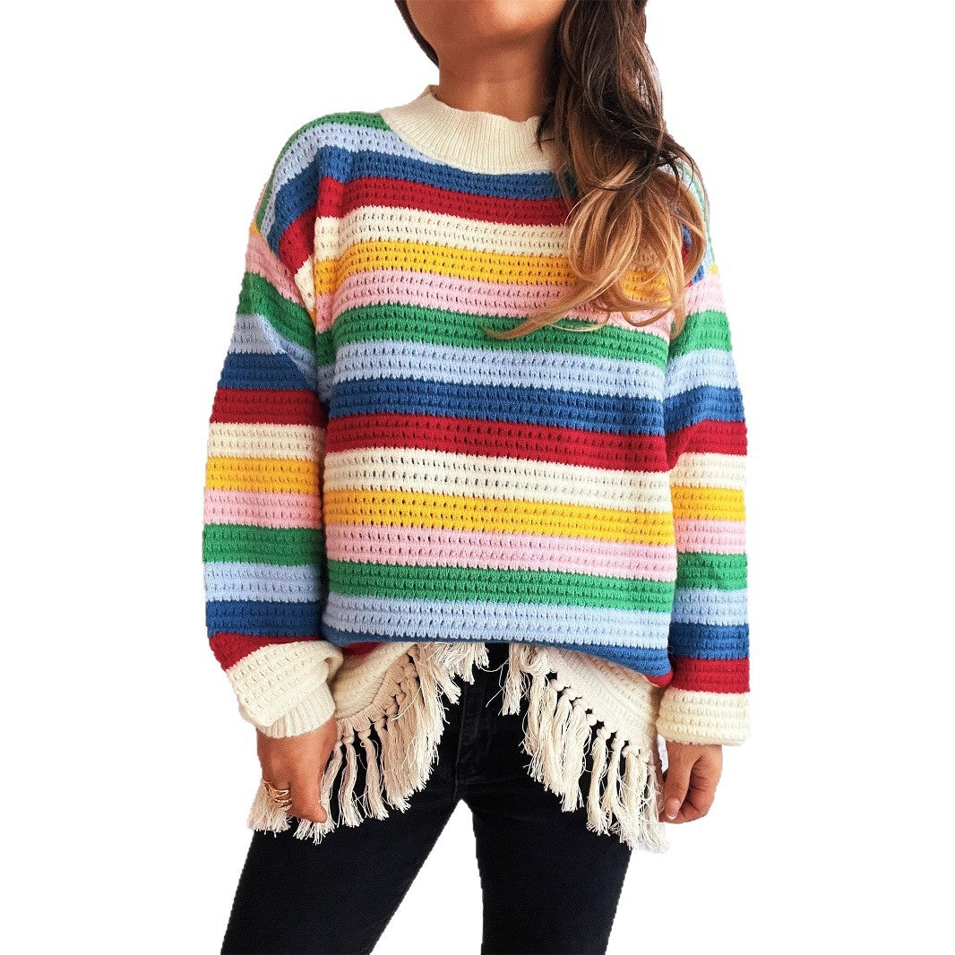Damen entzückender Pullover mit Fransen und buntem Streifenmuster EB   