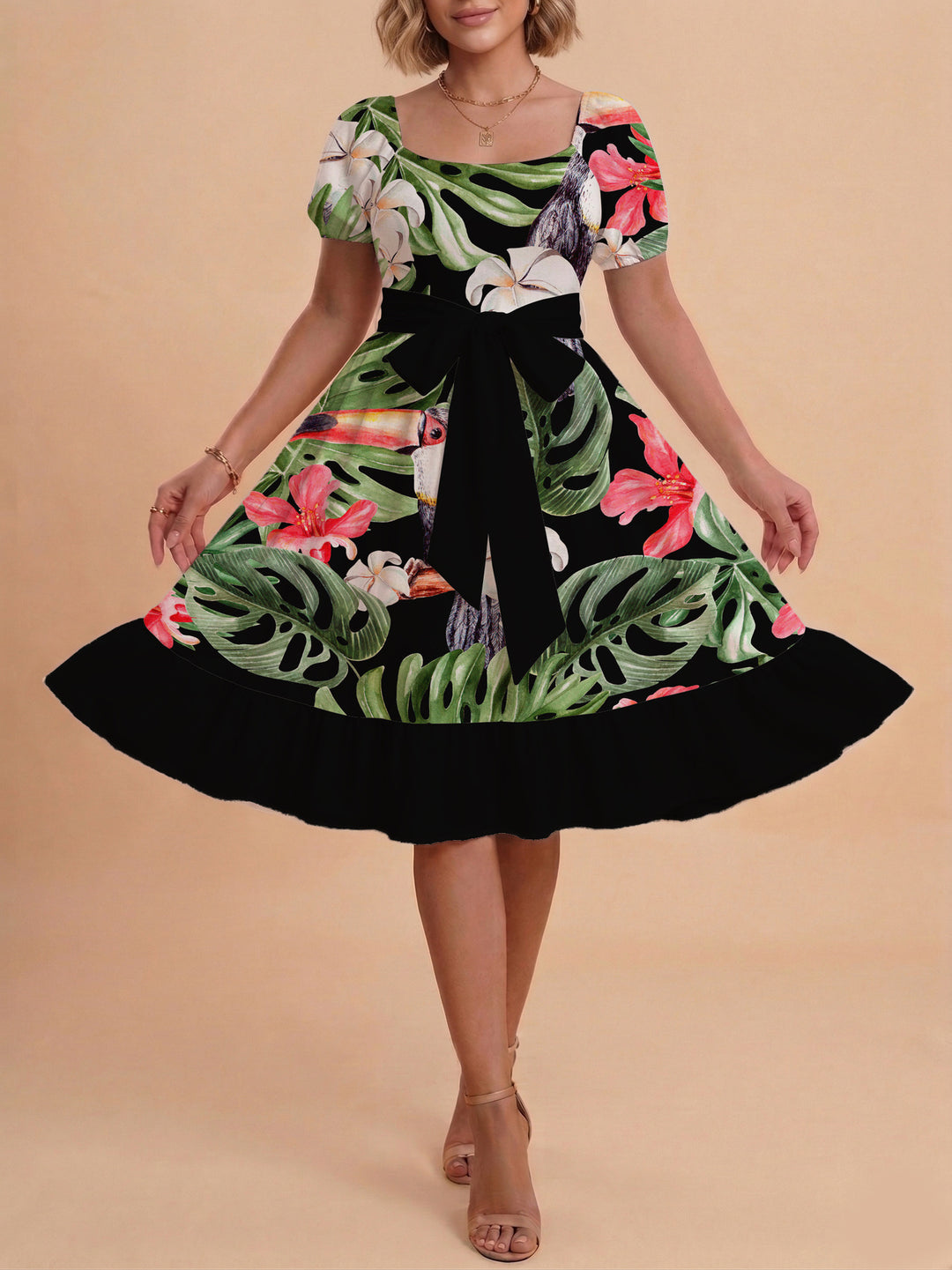 Damen A-Linien-Kleid mit floralen Motiven und taillierbarem Gürtel EB