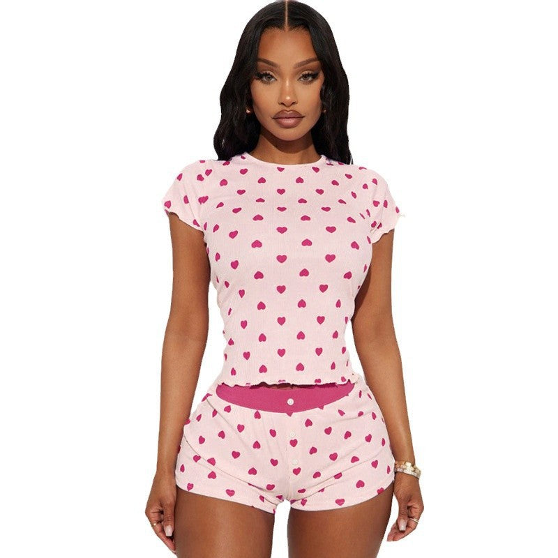 Damen Freizeitpyjama Set mit herzförmigem Design und elastischem Bund EB