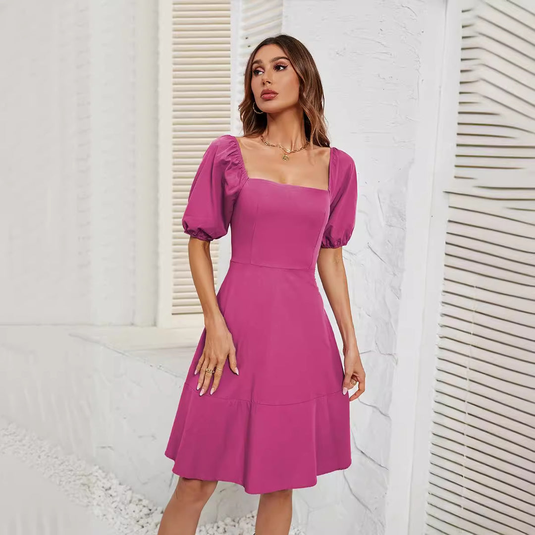 Damen Elegantes Off-Shoulder Kleid mit voluminösen Puffärmeln und asymmetrischem Schnitt EB