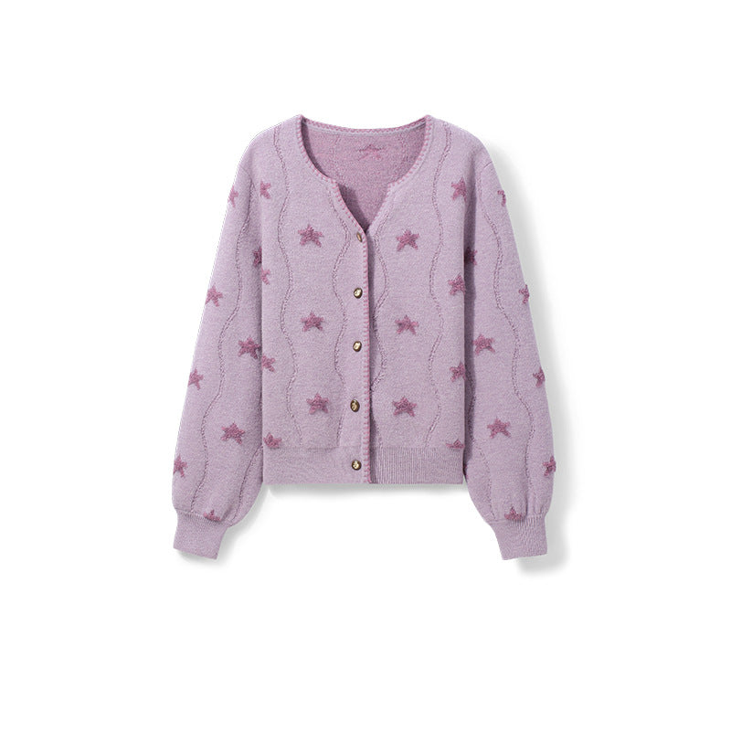 Damen Gemusterter Strickcardigan mit Sternenmotiv und Knopfleiste EB