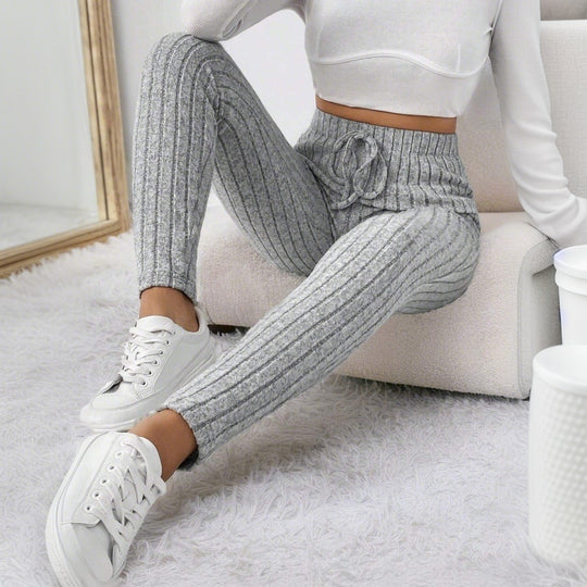 Damen gerippte Highwaist-Stricklegging mit Tunnelzug, elastischer Bund und figurbetonter Skinny-Passform Eichborn Berlin