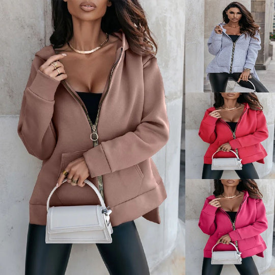 Damen sportlicher, oversized Kapuzenpullover mit Reißverschluss und praktischen Taschen EB