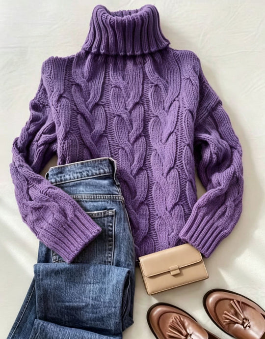 Damen Grobstrick-Rollkragenpullover mit markanten Zopfmustern und gerippten Bündchen EB