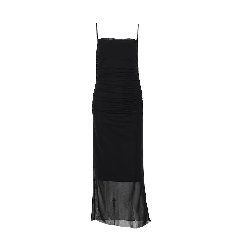 Damen elegantes Maxikleid mit raffinierten Rüschendetails und schmalen Spaghettiträgern EB
