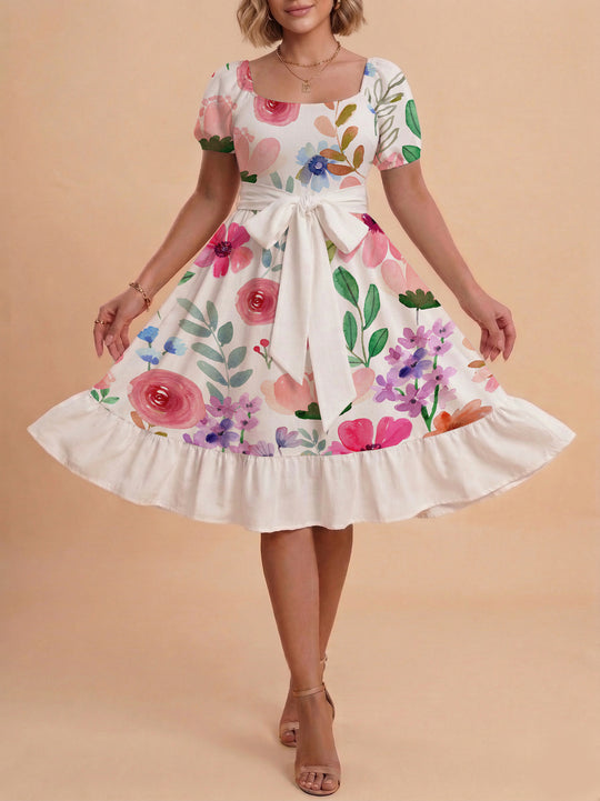 Damen elegantes Maxikleid mit floralem Design und Taillengürtel EB