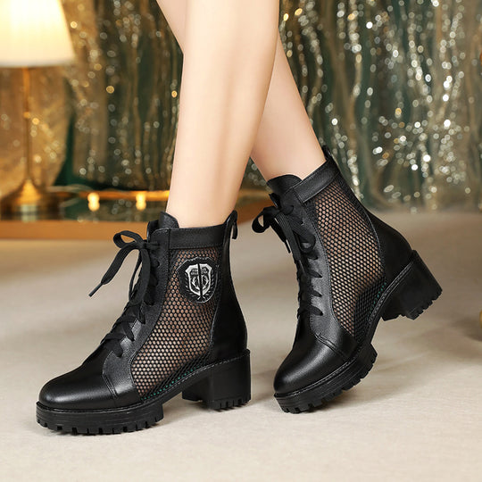 Damen Schnürstiefeletten mit atmungsaktivem Netzdesign und robustem Blockabsatz EB