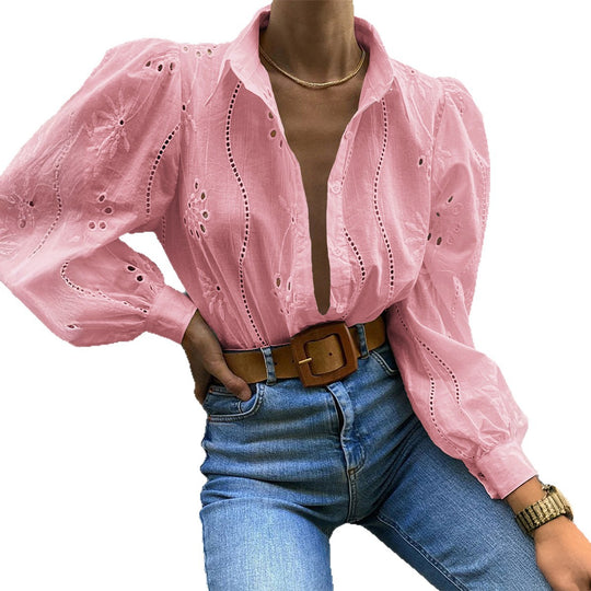 Damen Transparente Bluse mit Stickereien und Rüschendetails EB